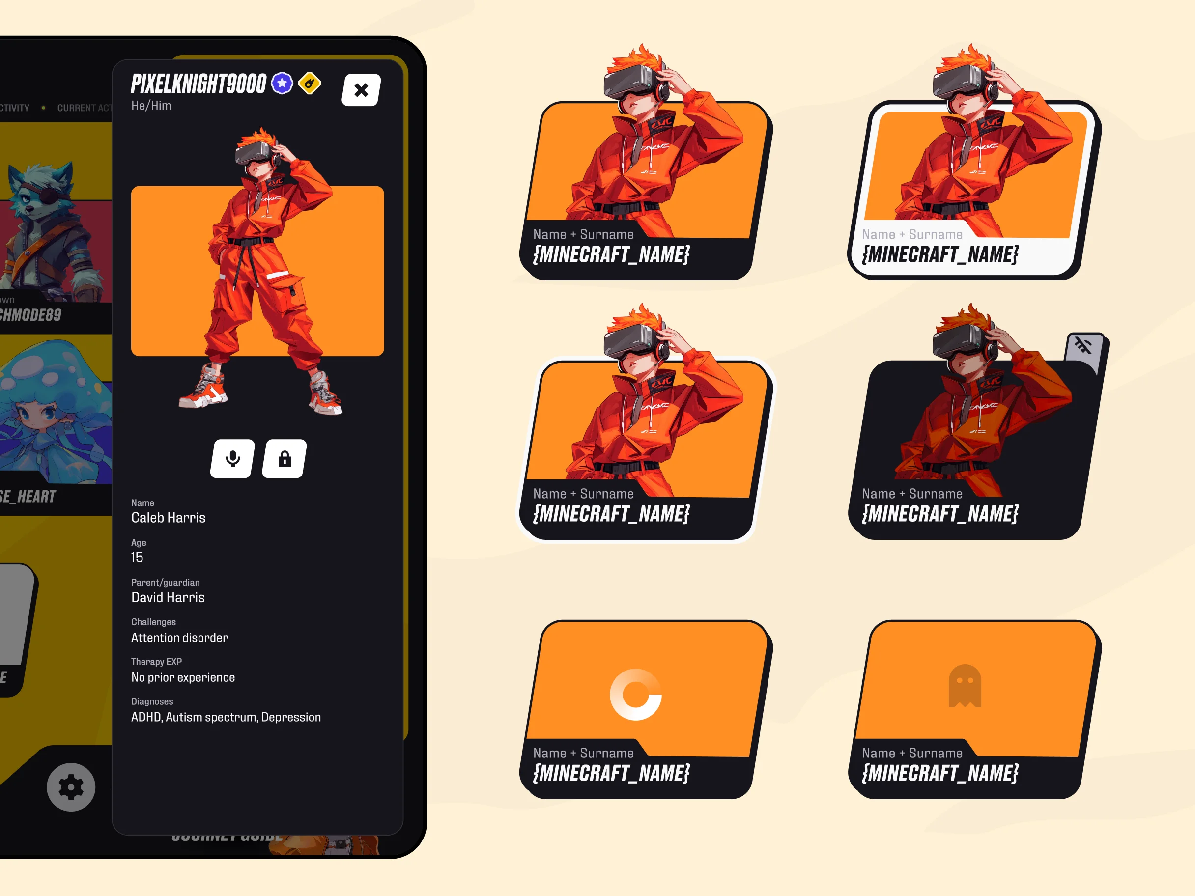 Player card component from the Hero Journey Club design system, drawn in six states: filled, outlined, dark, tabbed, loading and empty.