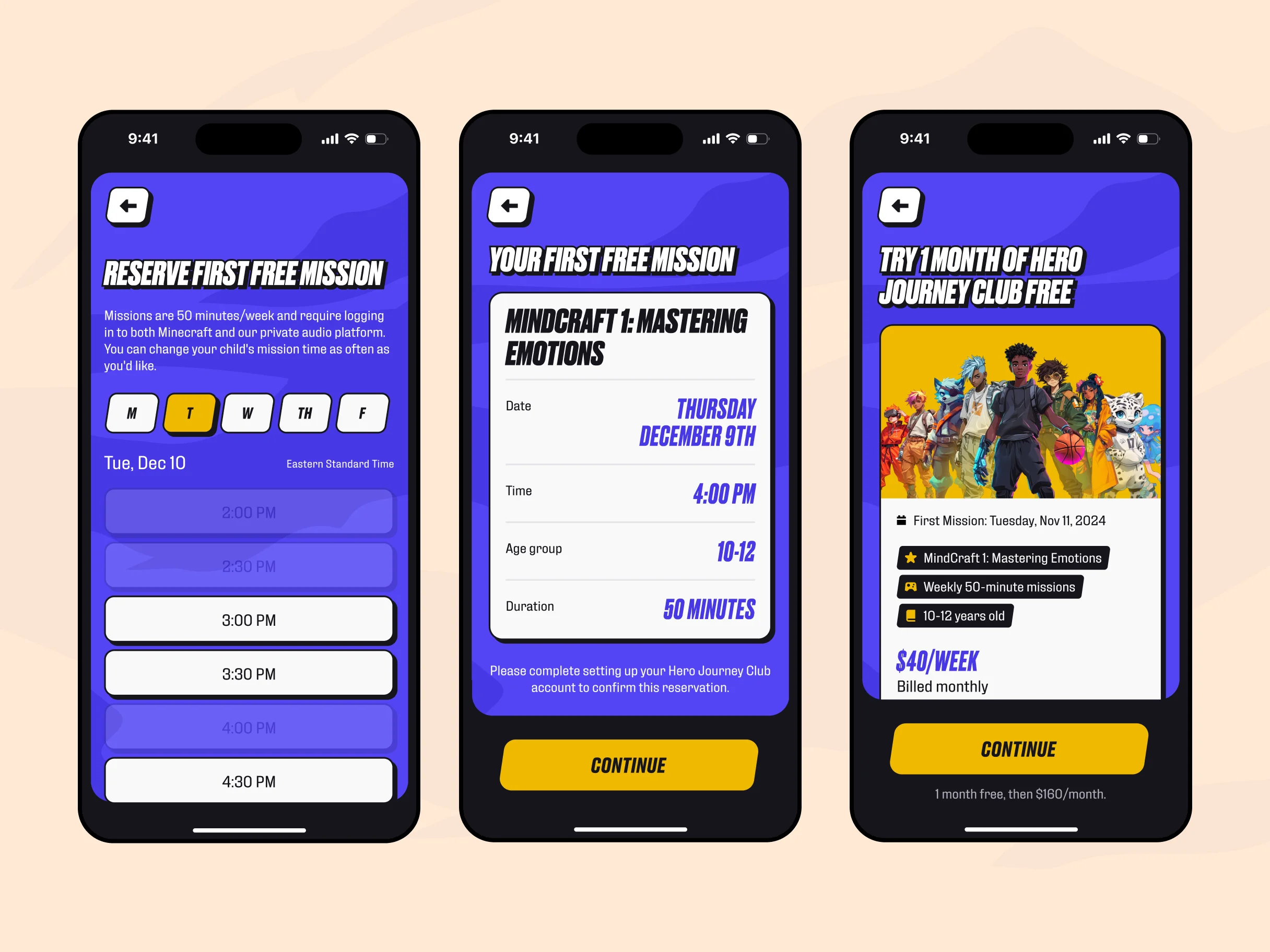 Booking a free first mission: a weekday time picker, the session confirmation for ages 10 to 12, and the trial offer that follows it.