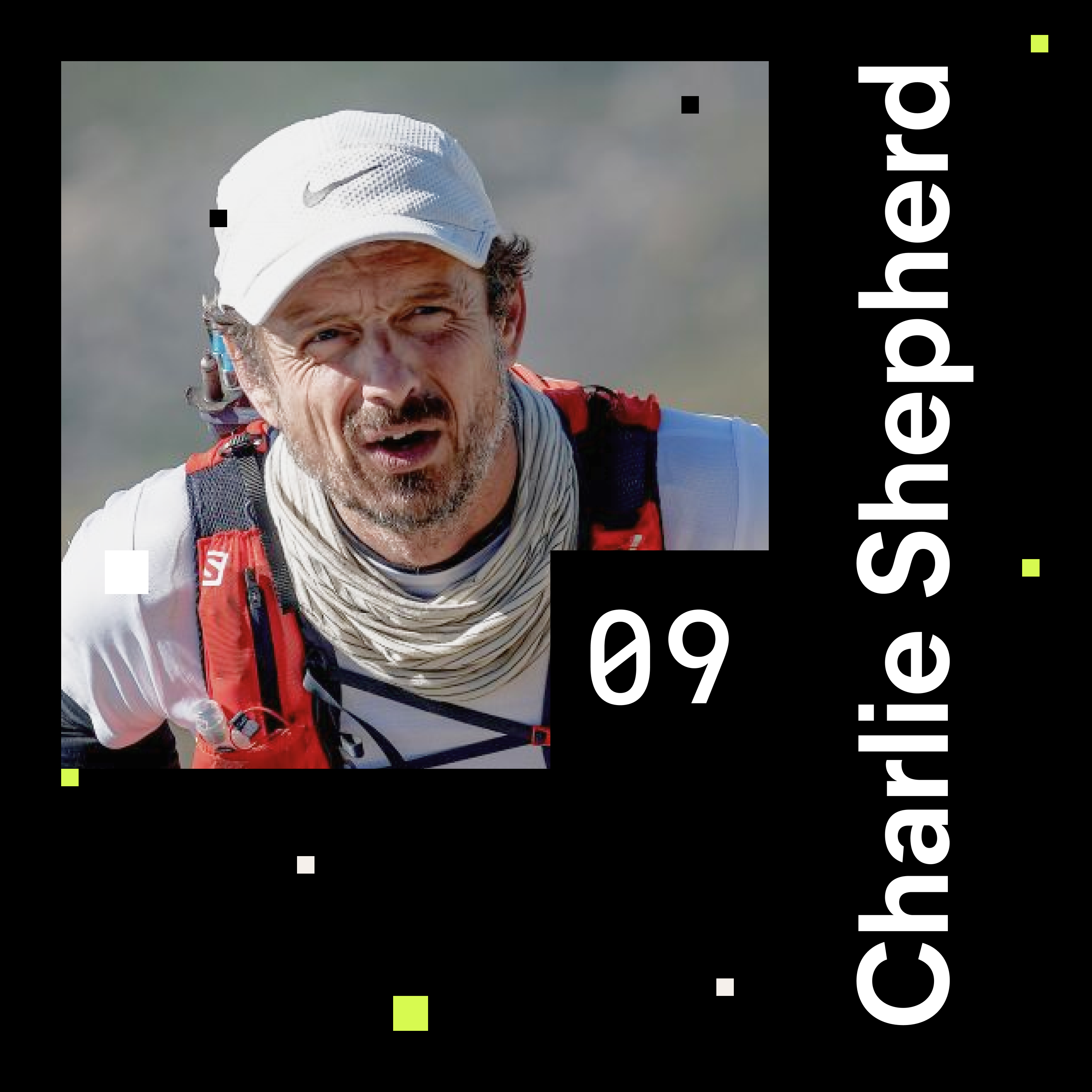Chalie Shepherd portrait while ultra running. Cover of episode 9 of the shaping chaos podcast.